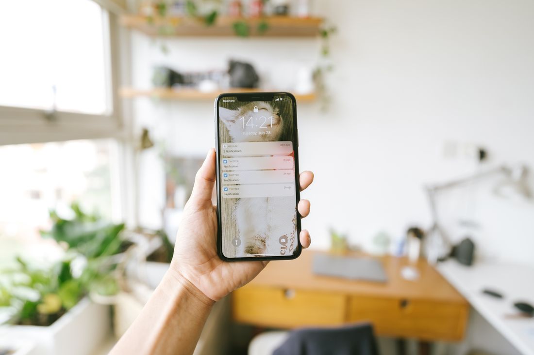 A hand holding a smartphone showing an app interface in a bright room with shelves behind