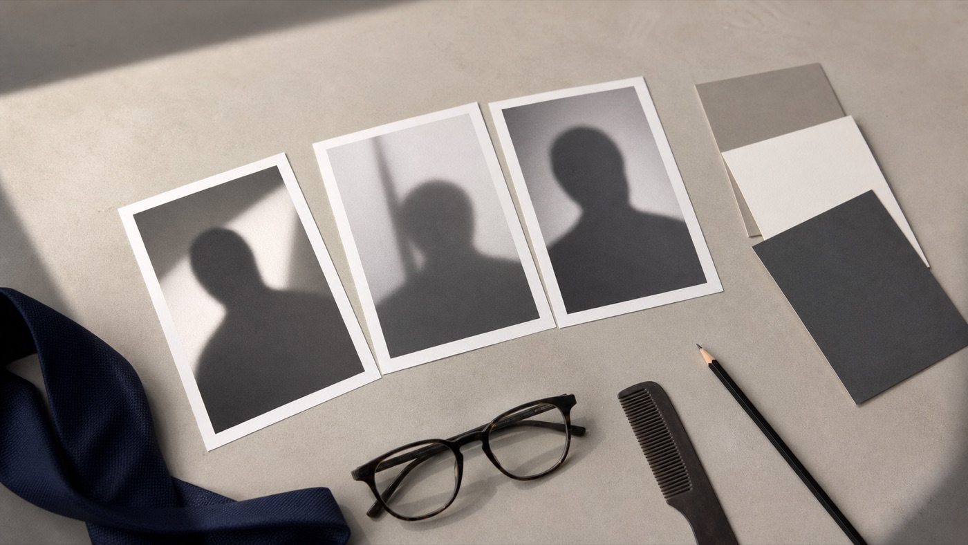 AI concept image of three abstract portrait cards with coordinated backdrop swatches, glasses, a tie, comb, and pencil