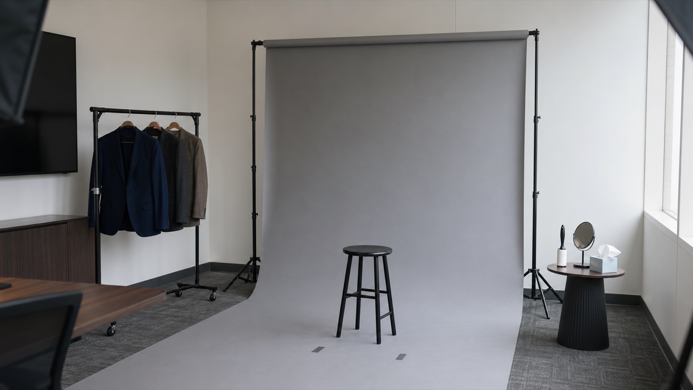 AI concept image of a repeatable office headshot setup with gray backdrop, stool, floor marks, jackets, mirror, and lint roller