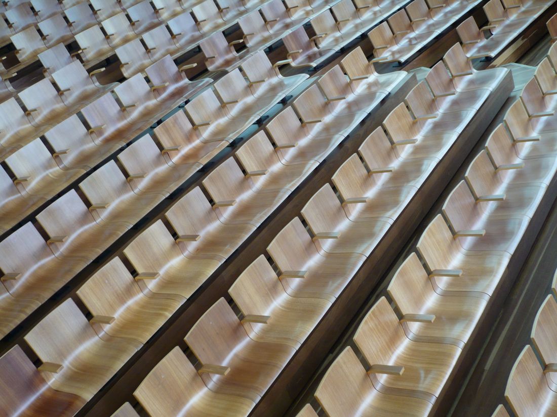 Rows of empty wooden theater seats in a modern auditorium, viewed from the seating area with natural architectural lighting.