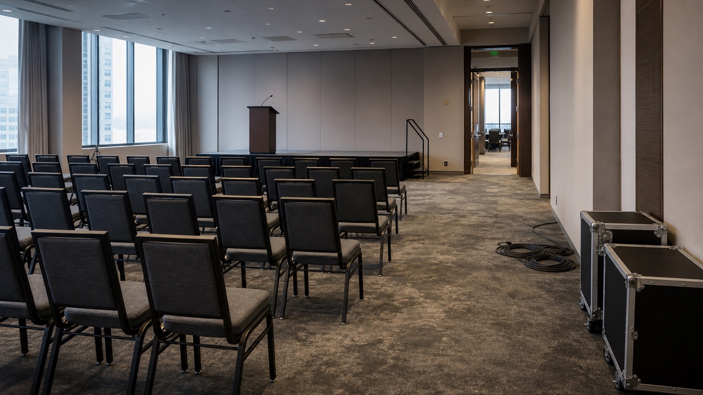 AI concept image of an empty NYC conference room with stage, audience chairs, aisle, cables, and equipment cases