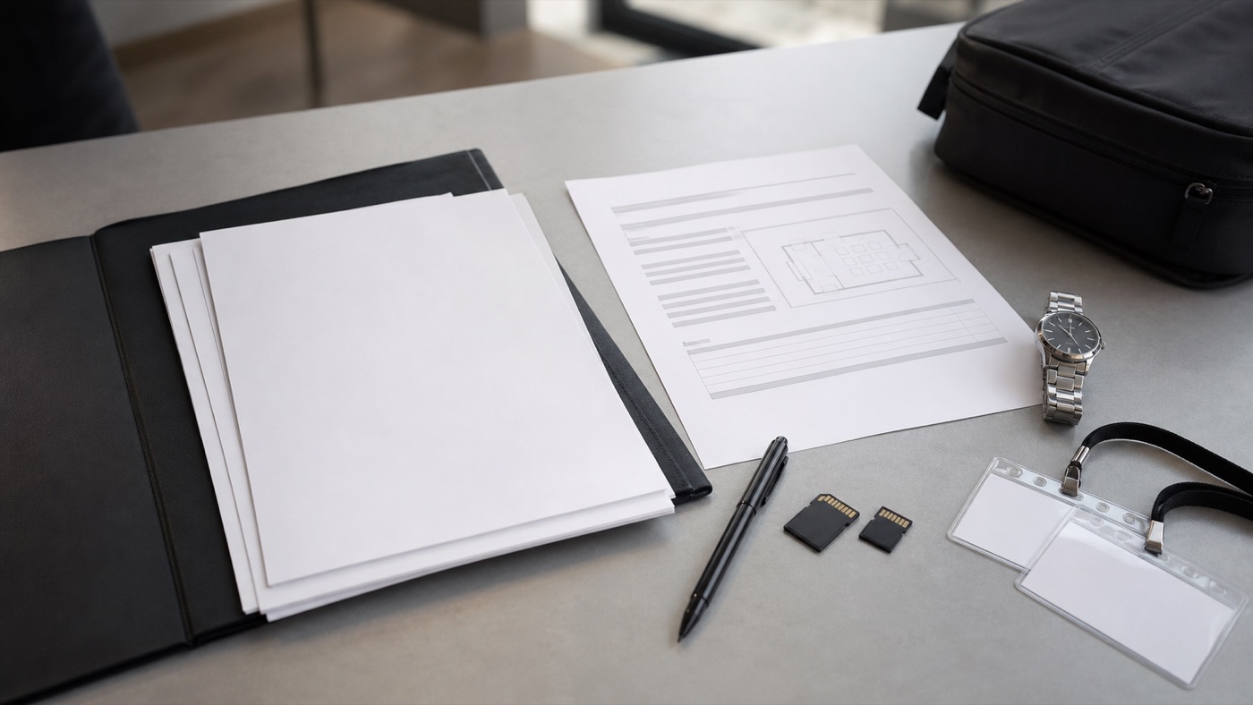 AI concept image of blank event quote sheets, a room plan, a watch, memory cards, and credentials on a planning table