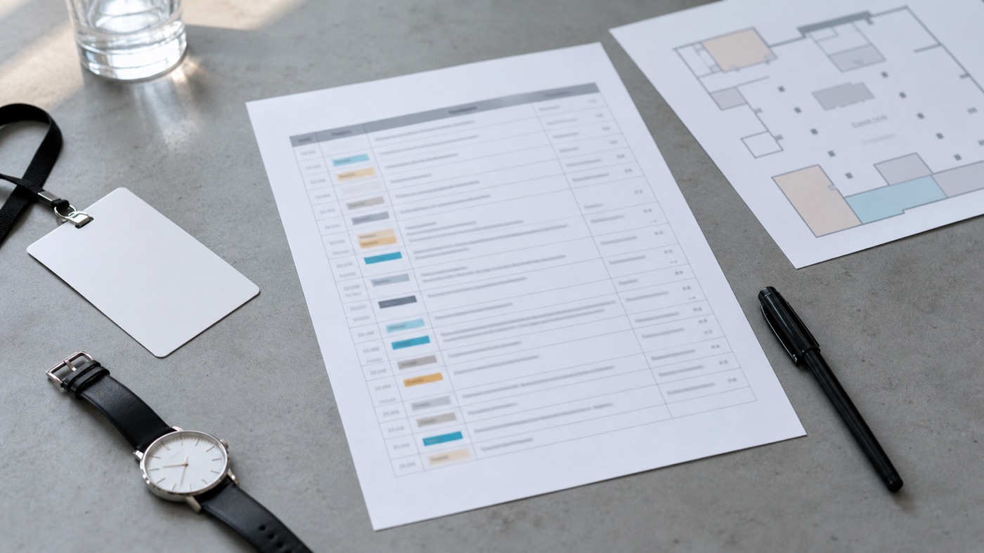 AI concept image of an event run of show, room map, blank credential, watch, and pen arranged on a planning table