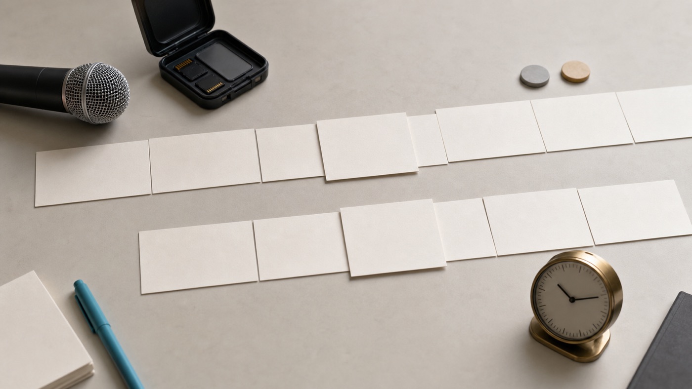 AI concept image of two parallel event timelines with overlapping blank cards, microphone, memory cards, room markers, and clock