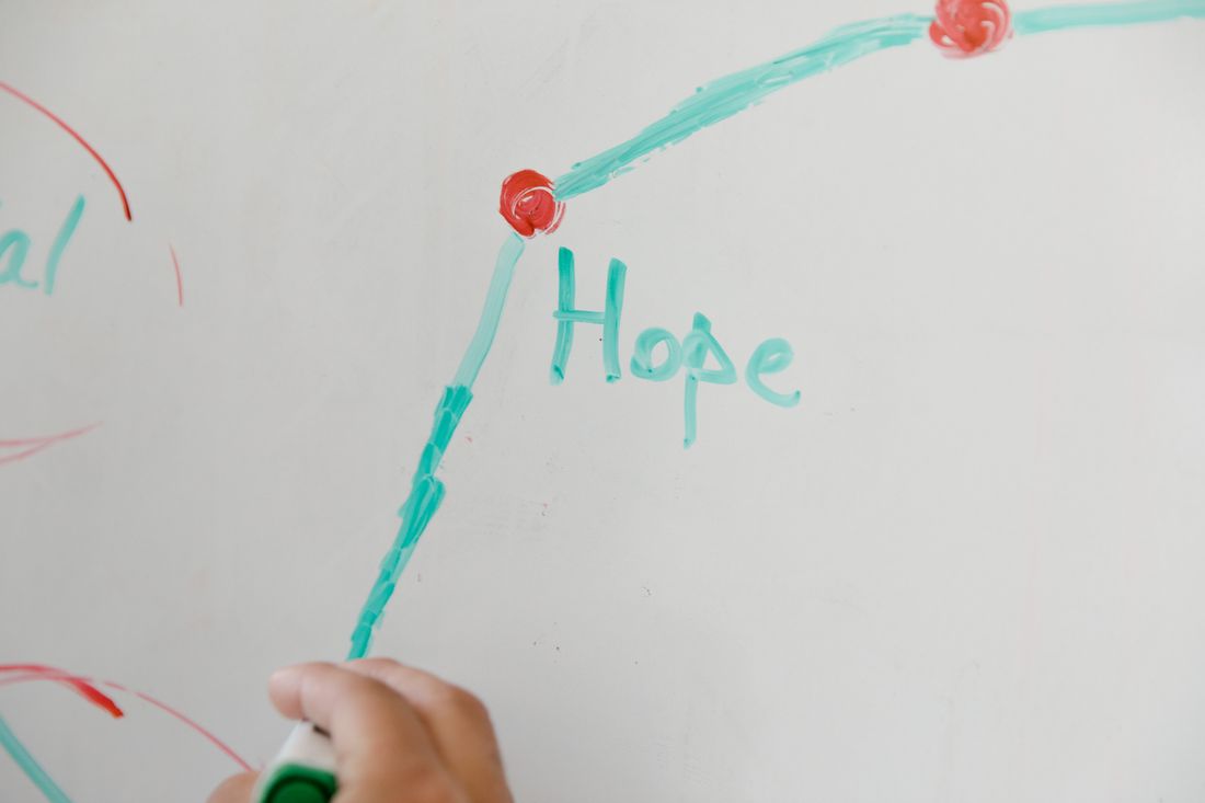 Close-up of a hand drawing a simple diagram on a whiteboard with colorful markers.