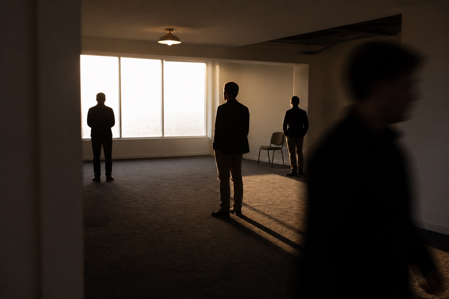 Backlit silhouettes of professionals in modern office with large windows and warm golden light.