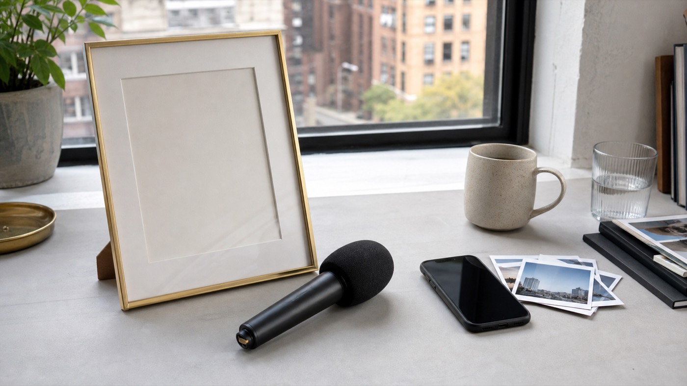 AI concept image of a founder content set represented by a portrait frame, interview microphone, phone, and photo prints