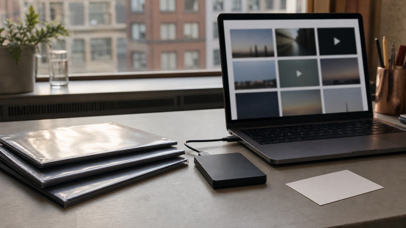 AI concept image of an organized founder photo and video content library on a laptop and drive