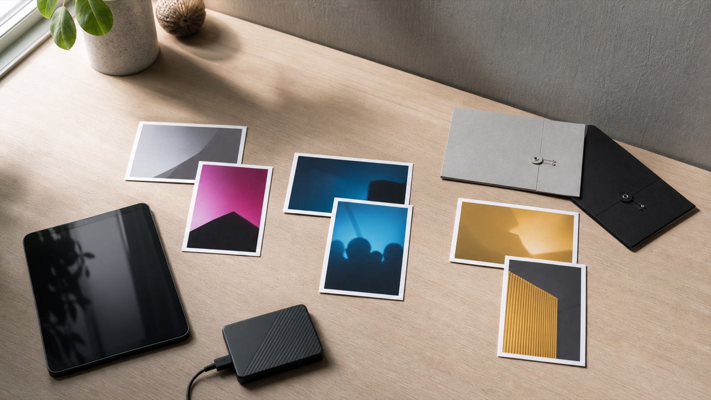 AI concept image of blank visual proof cards, a tablet, file sleeves, and a drive arranged as a reusable launch content library