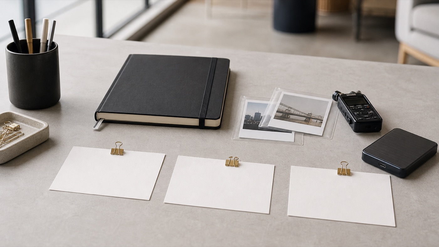 AI concept image of three blank planning cards, a notebook, proof sleeves, an audio recorder, and a drive arranged as a launch content timeline