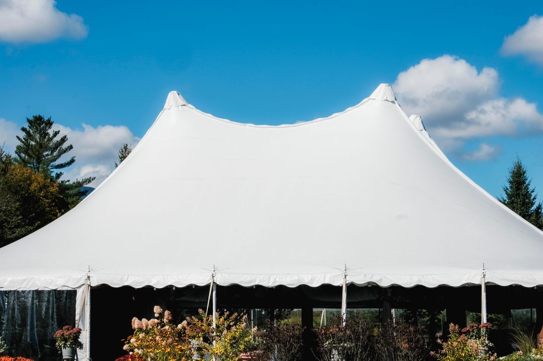 A large white peaked event tent set up outdoors under a blue sky, with greenery arranged near its open sides and no people visible.