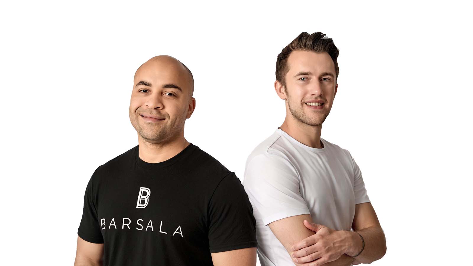 Two men business partners white background NYC corporate photography