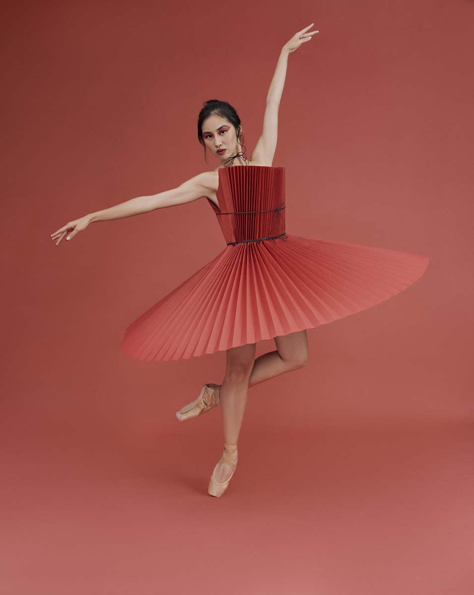 Ballerina red origami dress dancing editorial fashion NYC