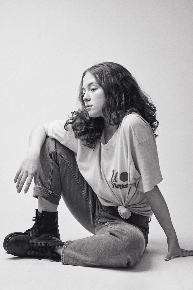 Monochrome woman curly hair editorial fashion portrait NYC