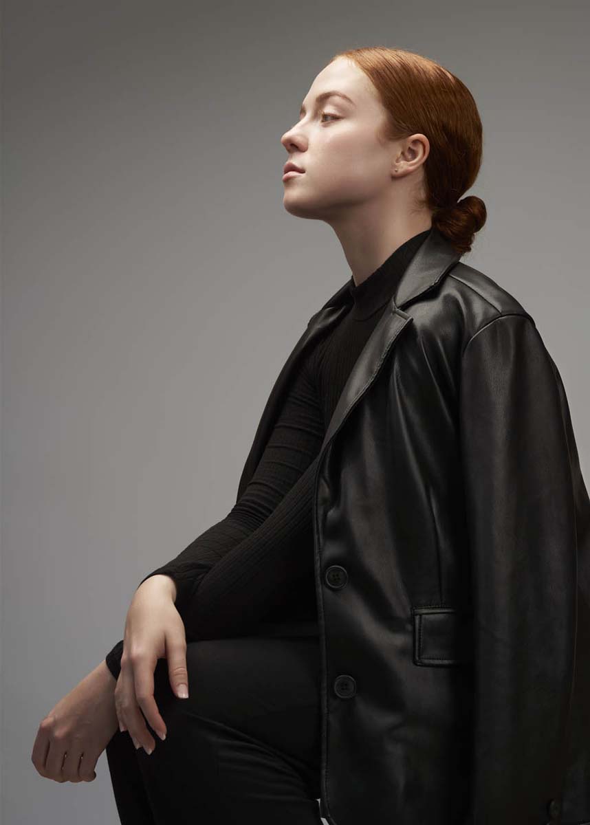 Redhead woman black leather jacket editorial portrait NYC